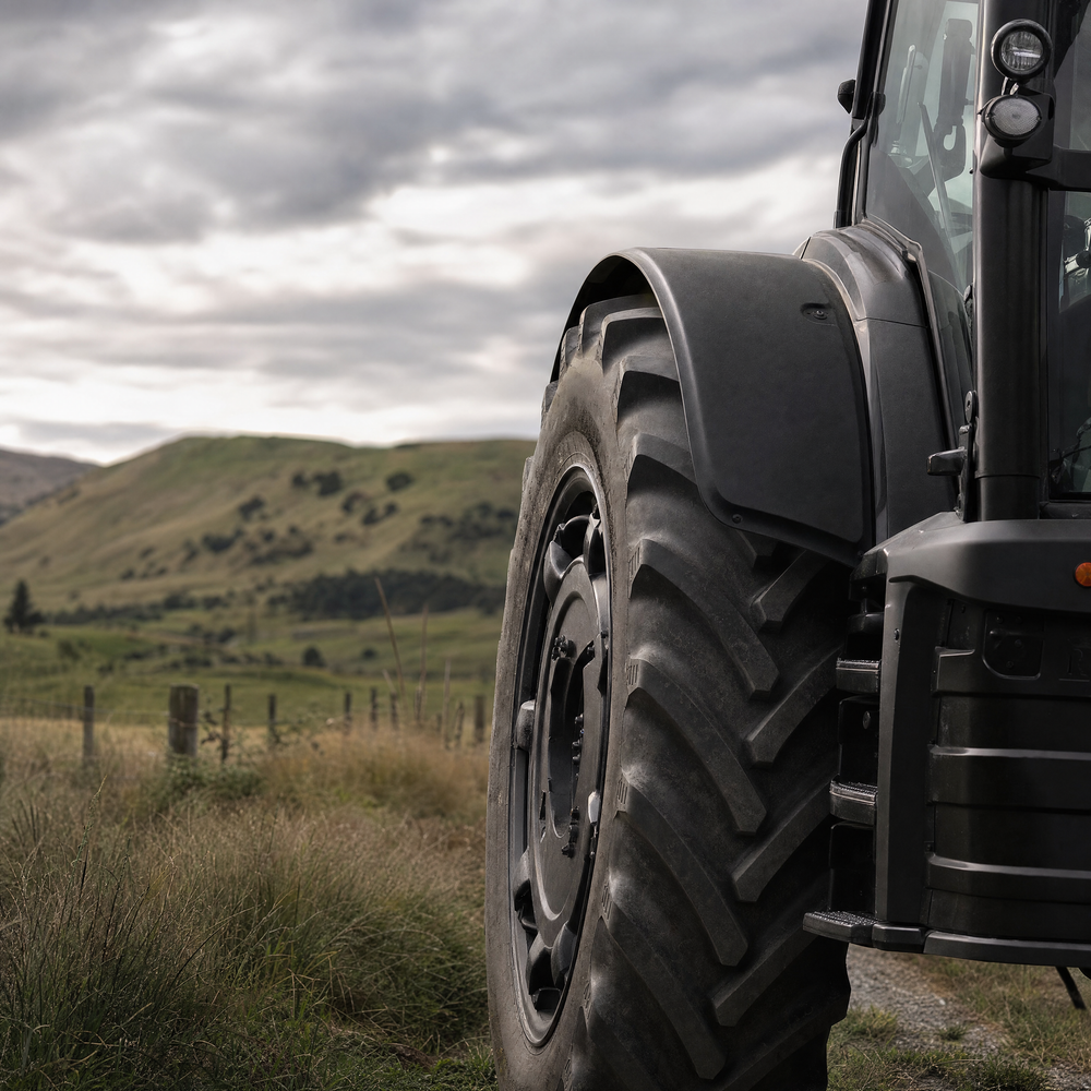 Tractor wheel beside rolling farmland
