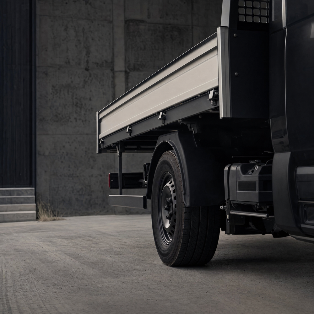 Flatbed truck on a concrete yard