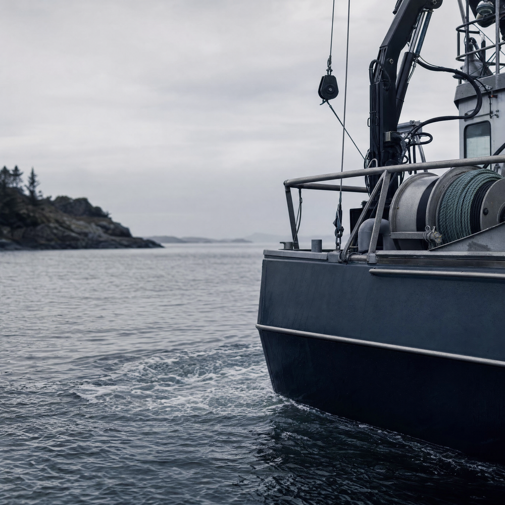 Working boat stern on open water