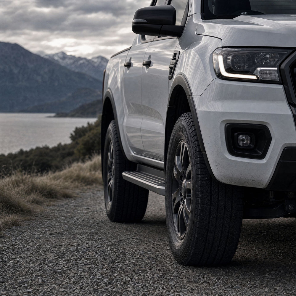 Double-cab ute on a gravel lakeside road